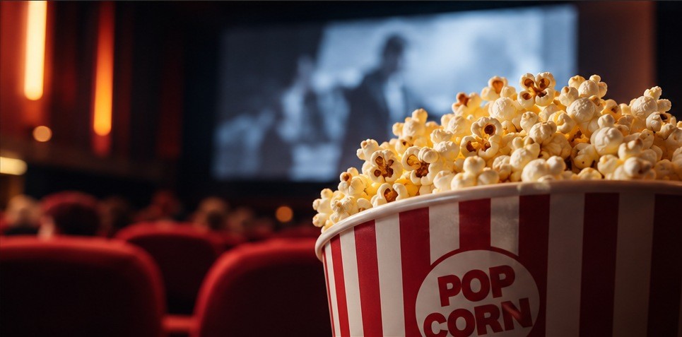 Cinematic conceptual scene of a striped popcorn bucket in a dark movie theatre